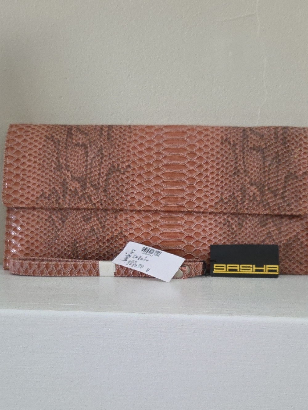 NWT Sasha Snakeskin-Embossed Leather Clutch With Detachable Shoulder Strap